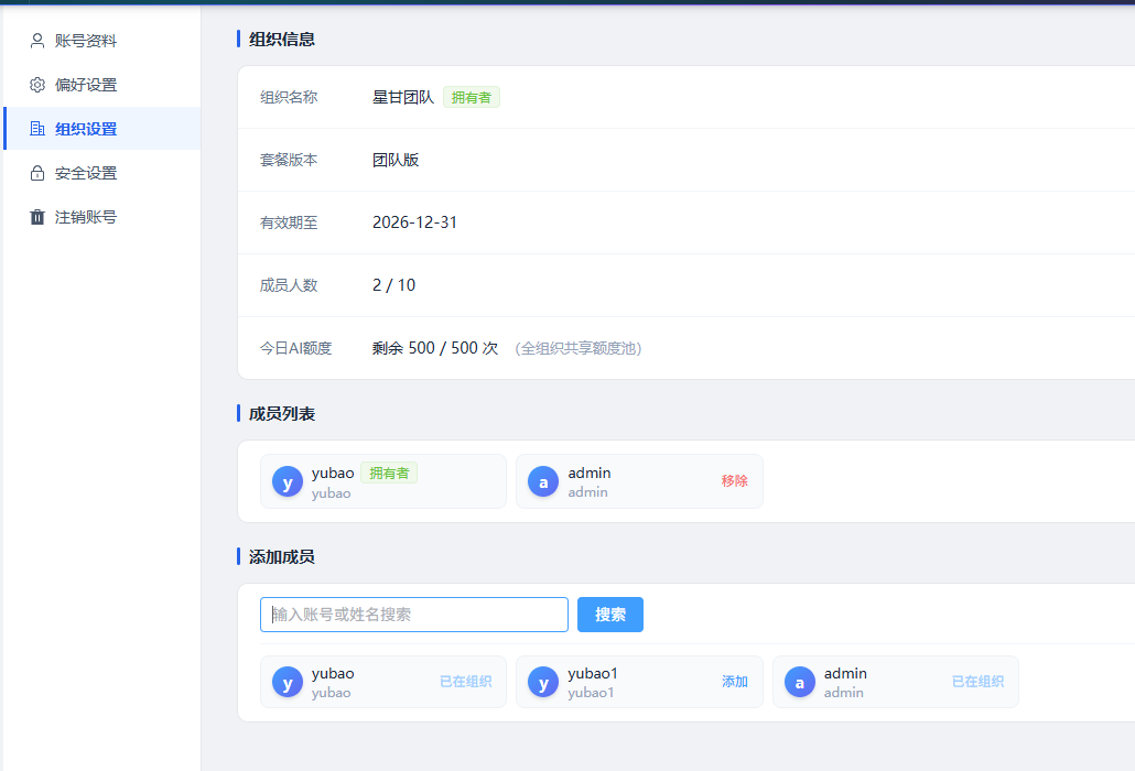 星甘StarGantt 组织成员管理界面